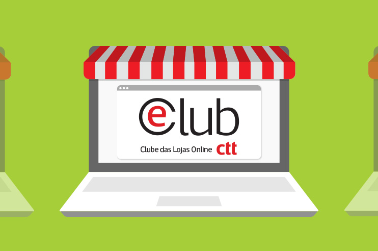 Fundo verde com um computador que tem o logótipo do E-Club como wallpaper.